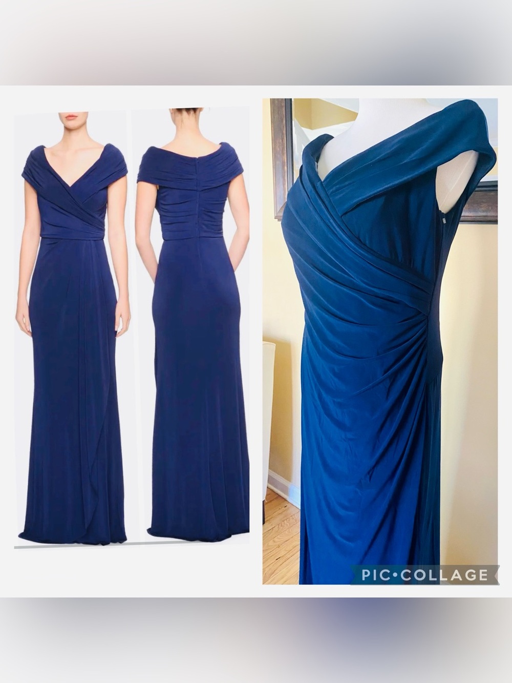 La Femme Navy Blue Off the Shoulder Jersey Gown NWOT Size 12